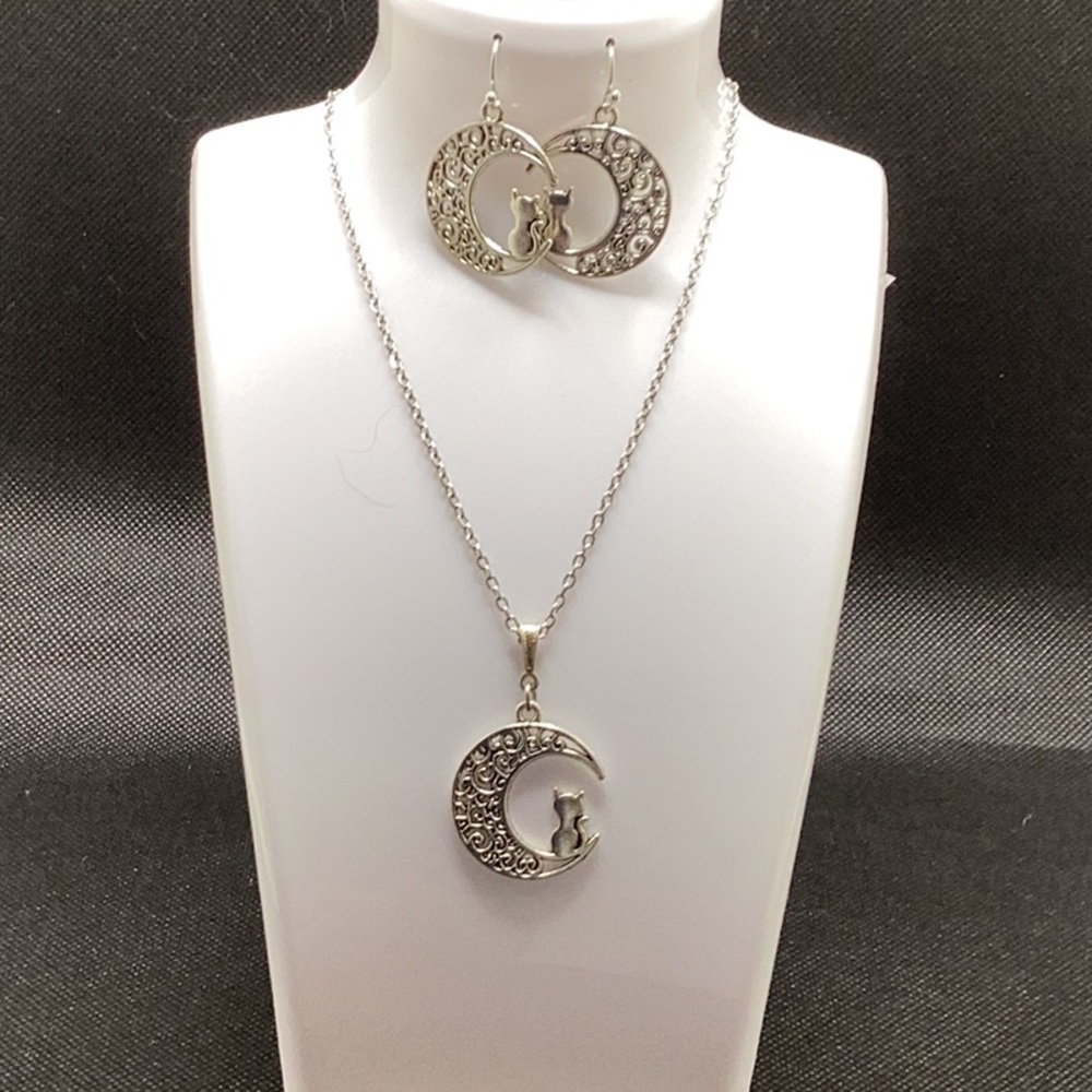 Silver Crescent Moon Cat Pendant Necklace & Earrings